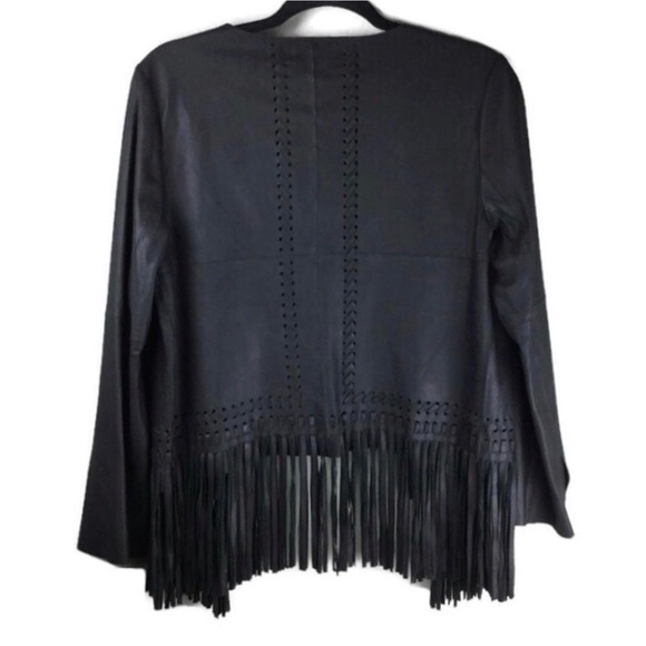 NWT Elizabeth & James Garvin Leather Fringe Woven Open Front Black Jacket Medium - Picture 4 of 12
